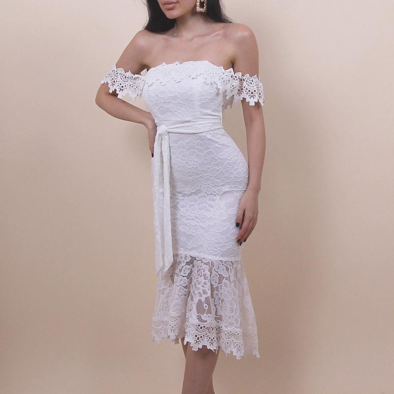 Glamaker Lace white bodycon ruffles dress featuring off-shoulder design and floral patterns, perfect for autumn occasions.