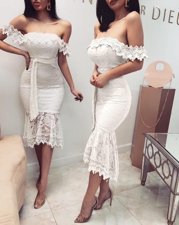 Glamaker Lace white bodycon ruffles dress featuring off-shoulder design and floral patterns, perfect for autumn occasions.