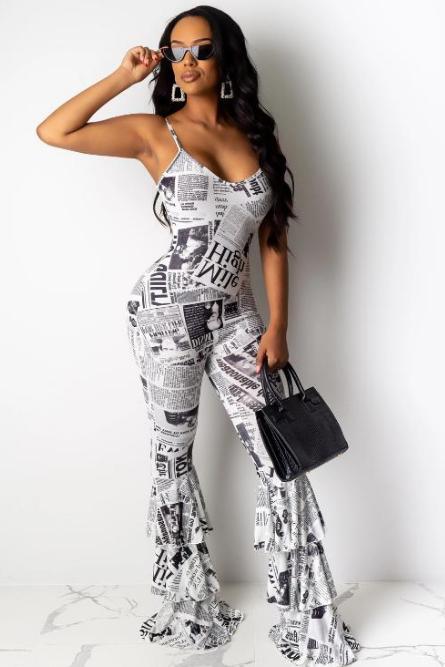 Glamaker women's jumpsuit featuring letter print, backless design, and ruffles, perfect for clubbing and special occasions.