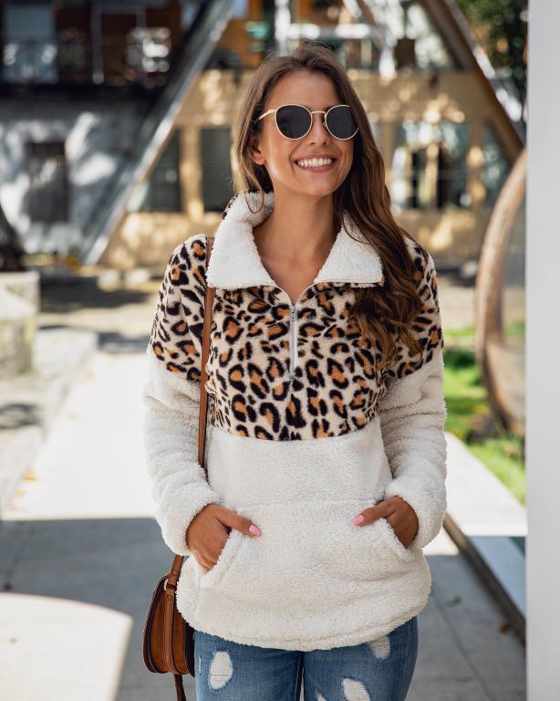 Glamaker women's patchwork animal print fleece coat with dropped shoulder design, featuring a stylish leopard pattern.