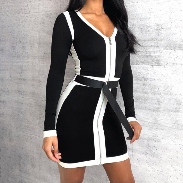 Glamaker Patchwork zipper black bodycon dress featuring an A-line silhouette and full sleeves, perfect for winter office wear.