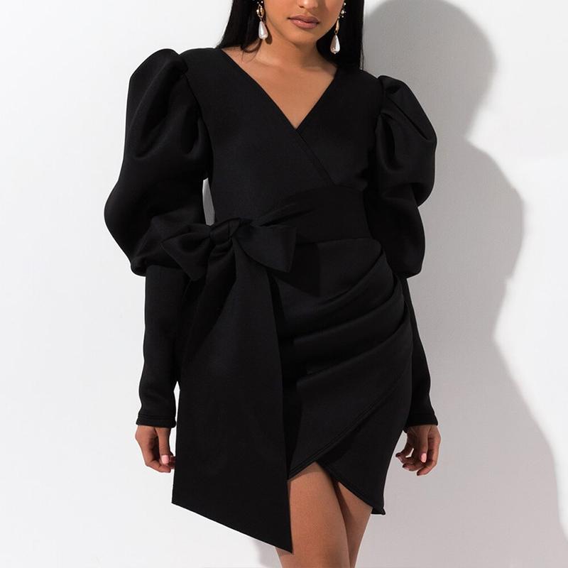 Glamaker Puff Sleeve Winter Black Mini Dress featuring puff sleeves, V-neckline, and A-line silhouette, perfect for autumn parties.