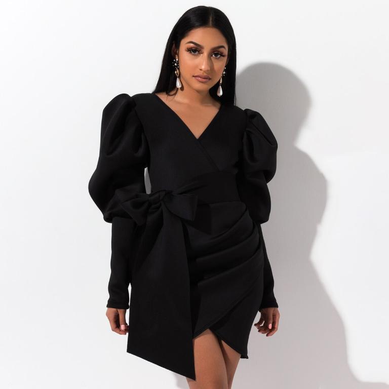 Glamaker Puff Sleeve Winter Black Mini Dress featuring puff sleeves, V-neckline, and A-line silhouette, perfect for autumn parties.