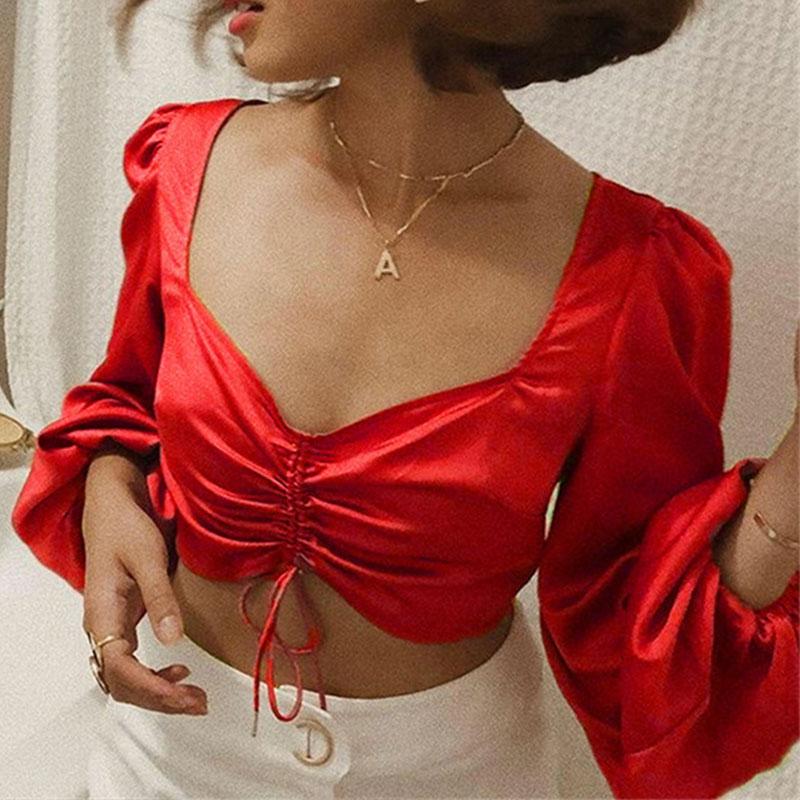 Glamaker Red vintage long puff sleeve satin blouse featuring a sexy v-neck and pleated design, perfect for stylish women.