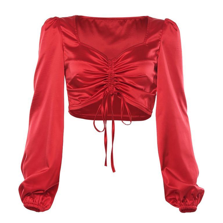 Glamaker Red vintage long puff sleeve satin blouse featuring a sexy v-neck and pleated design, perfect for stylish women.