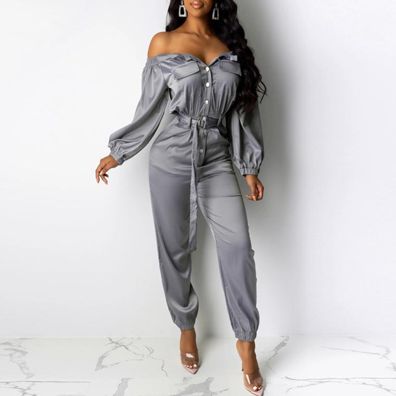 Glamaker Satin buttons belt elegant jumpsuit featuring an off-shoulder design, stylish buttons, and a full-length silhouette, perfect for women.