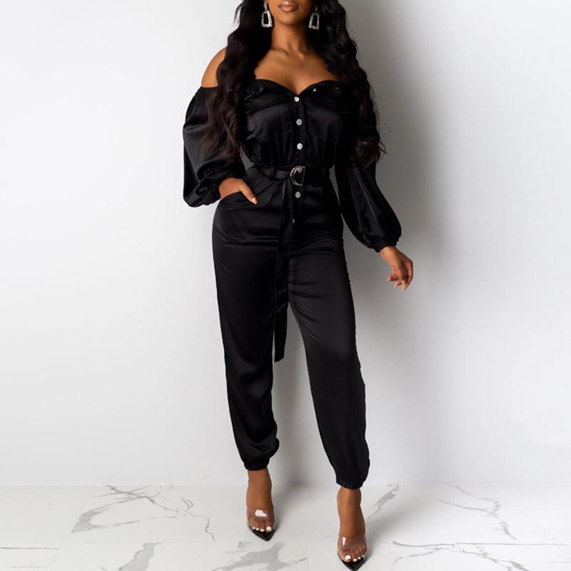 Glamaker Satin buttons belt elegant jumpsuit featuring an off-shoulder design, stylish buttons, and a full-length silhouette, perfect for women.