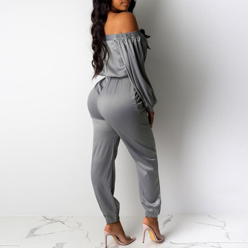 Glamaker Satin buttons belt elegant jumpsuit featuring an off-shoulder design, stylish buttons, and a full-length silhouette, perfect for women.