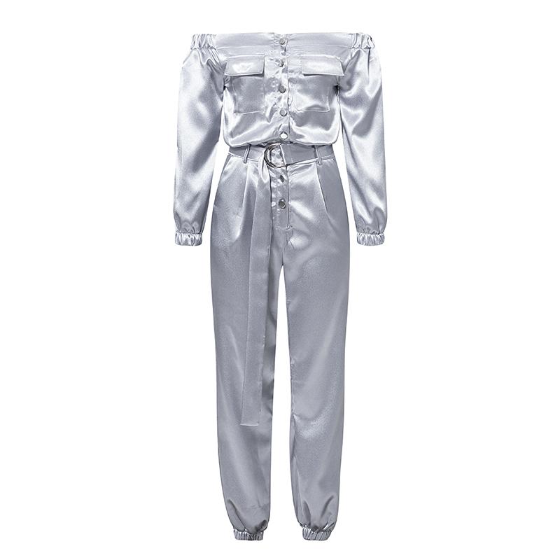 Glamaker Satin buttons belt elegant jumpsuit featuring an off-shoulder design, stylish buttons, and a full-length silhouette, perfect for women.