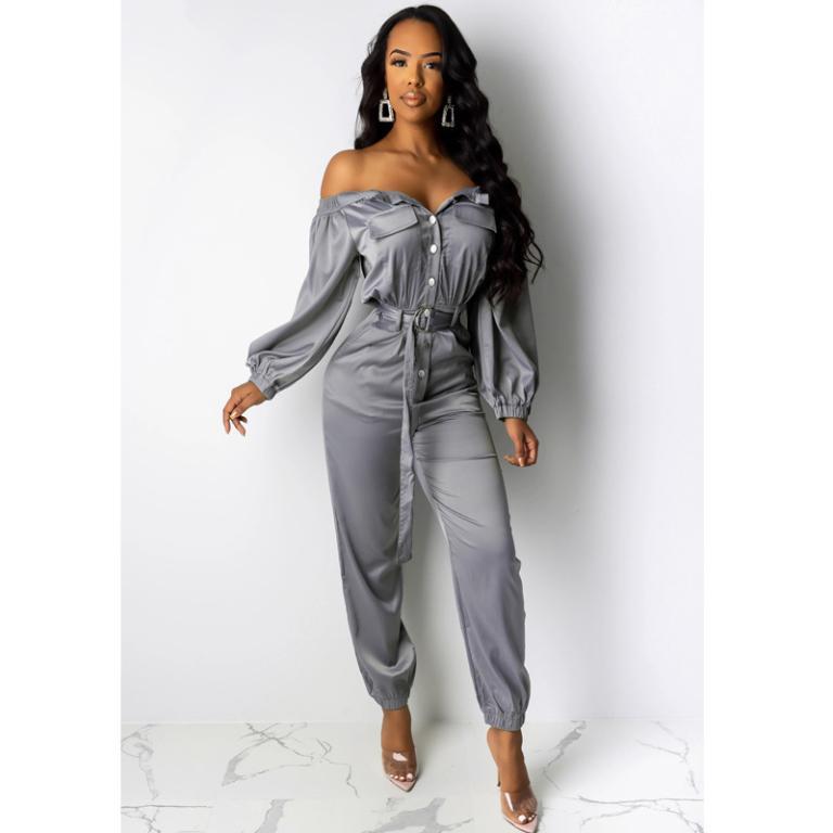 Glamaker Satin buttons belt elegant jumpsuit featuring an off-shoulder design, stylish buttons, and a full-length silhouette, perfect for women.