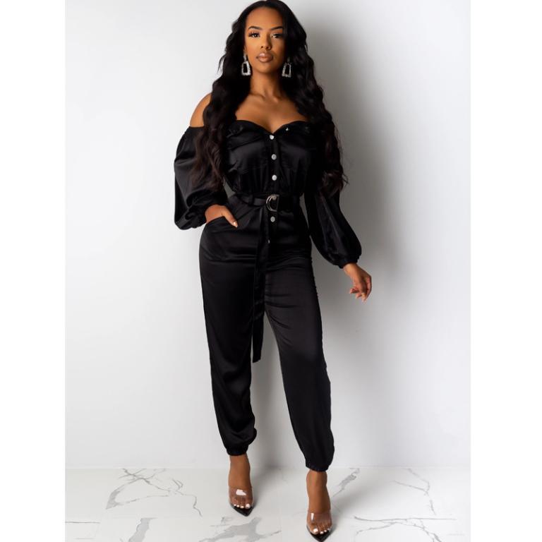 Glamaker Satin buttons belt elegant jumpsuit featuring an off-shoulder design, stylish buttons, and a full-length silhouette, perfect for women.