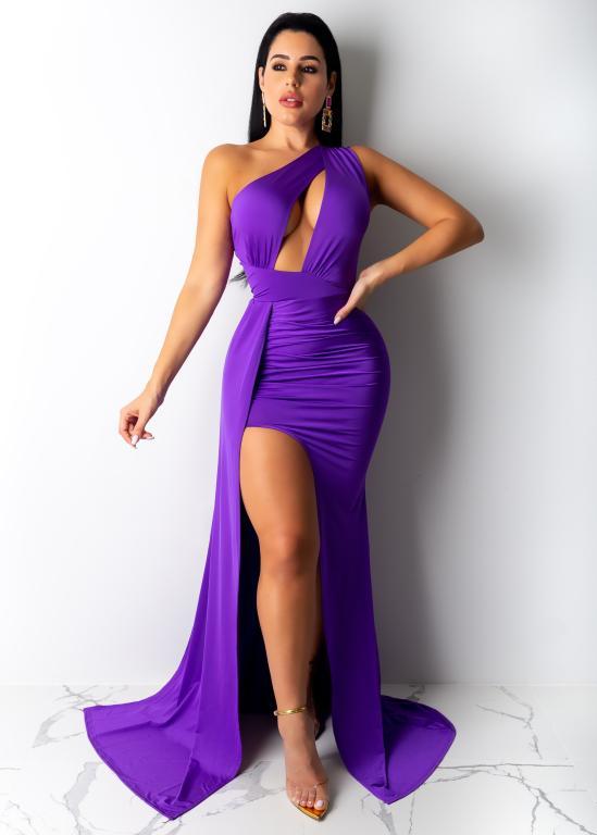 Glamaker Sexy Hollow Out Bodycon Dress in purple, featuring an asymmetrical neckline and hollow out details, perfect for dinner parties.