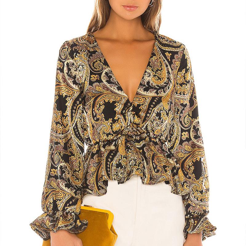 Glamaker Sexy paisley print high waist ruffles blouse shirt for women, featuring a V-neck collar and full sleeves.