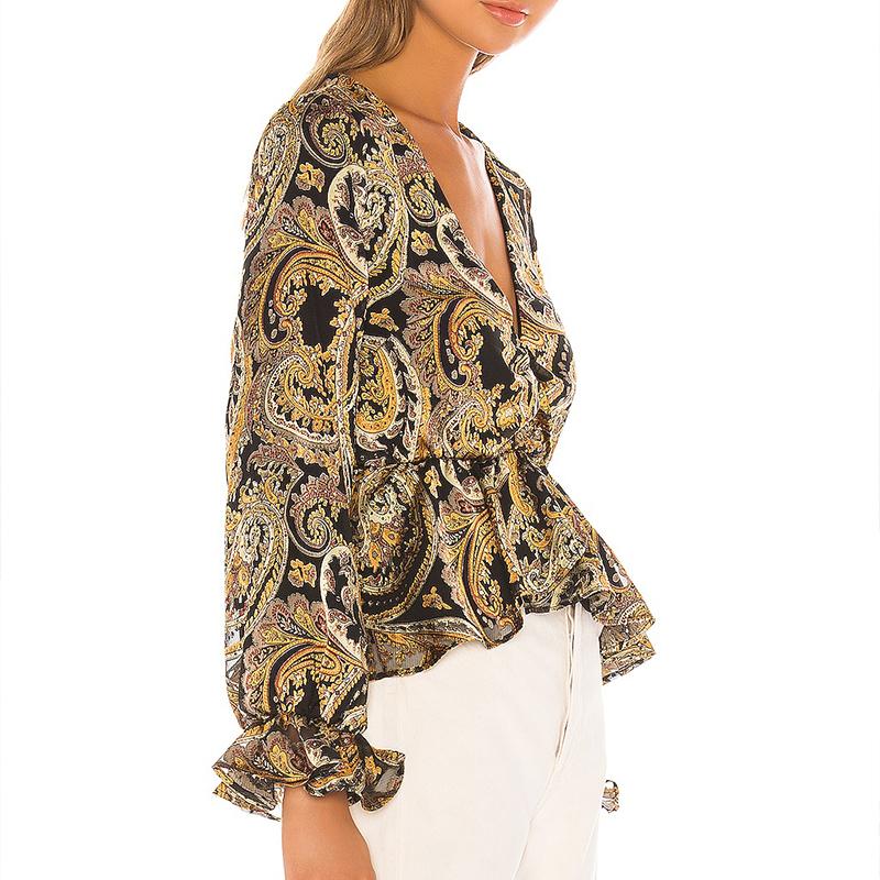 Glamaker Sexy paisley print high waist ruffles blouse shirt for women, featuring a V-neck collar and full sleeves.