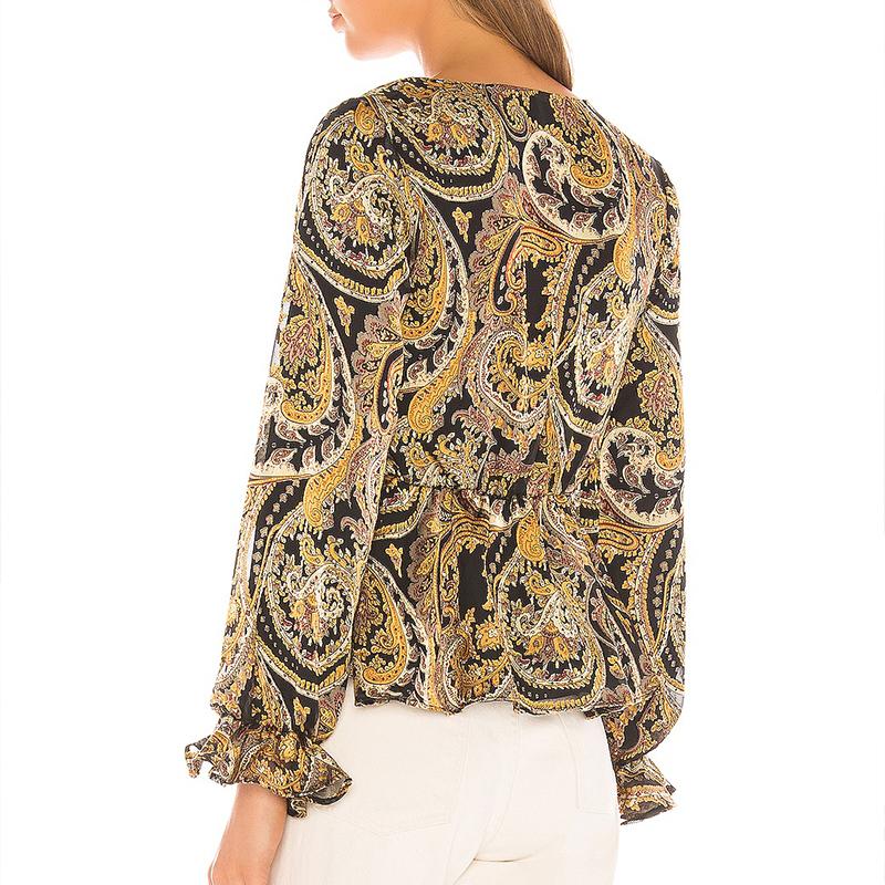 Glamaker Sexy paisley print high waist ruffles blouse shirt for women, featuring a V-neck collar and full sleeves.