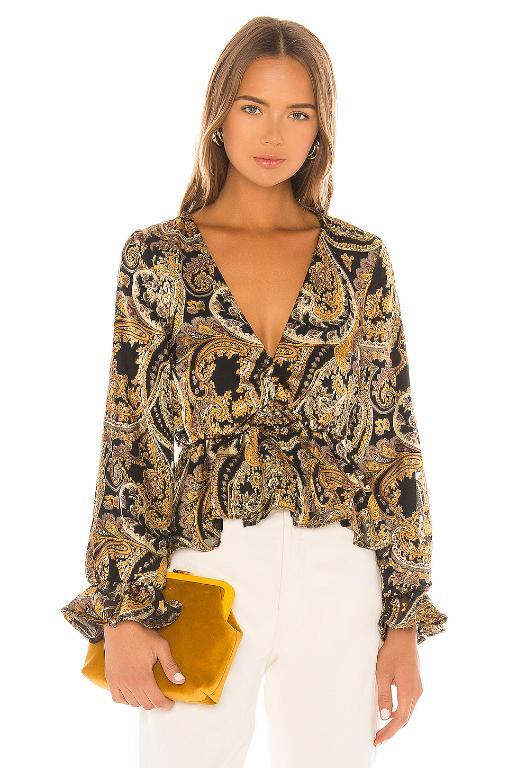 Glamaker Sexy paisley print high waist ruffles blouse shirt for women, featuring a V-neck collar and full sleeves.