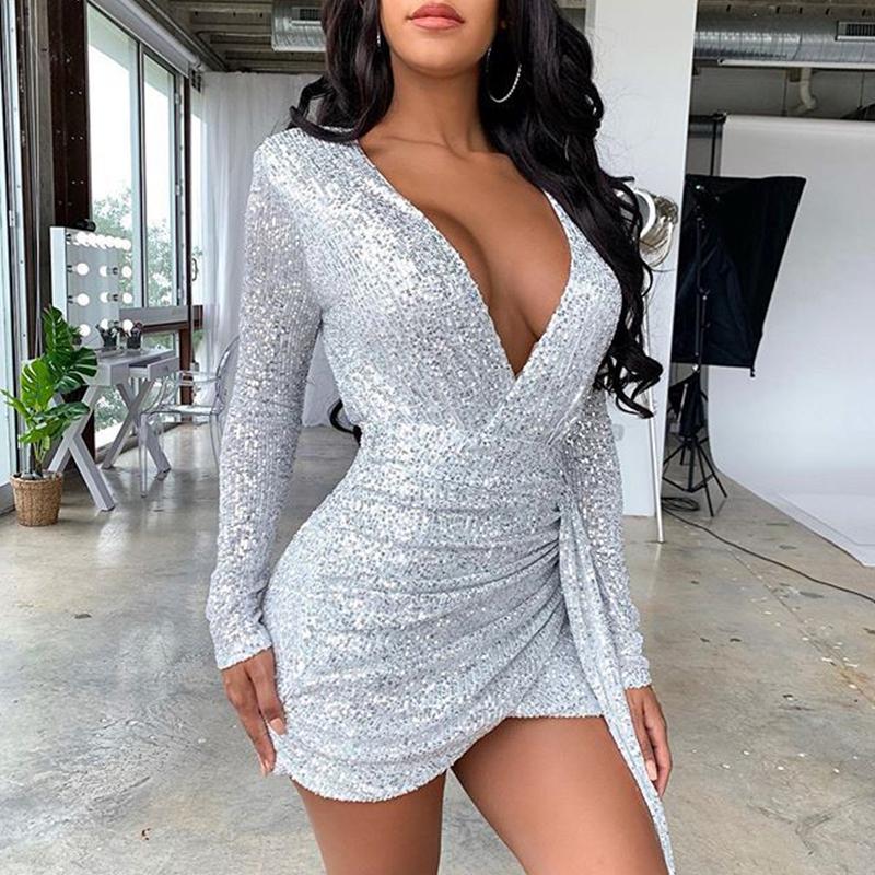 Glamaker Silver sequins sexy pleated bodycon dress for women, featuring a V-neckline and full sleeves, perfect for autumn and winter events.