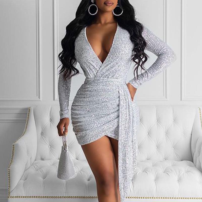 Glamaker Silver sequins sexy pleated bodycon dress for women, featuring a V-neckline and full sleeves, perfect for autumn and winter events.