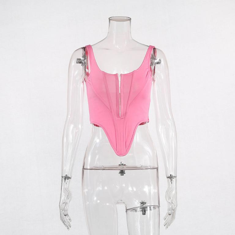 Glamaker square collar sleeveless pink crop top for women, featuring a backless design and stylish knitted fabric.