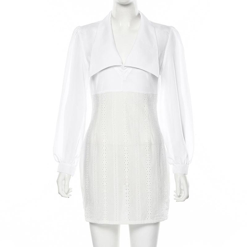 Glamaker White Turndown Collar Women Dress featuring a stylish design with lantern sleeves and above-knee length, perfect for autumn outings.