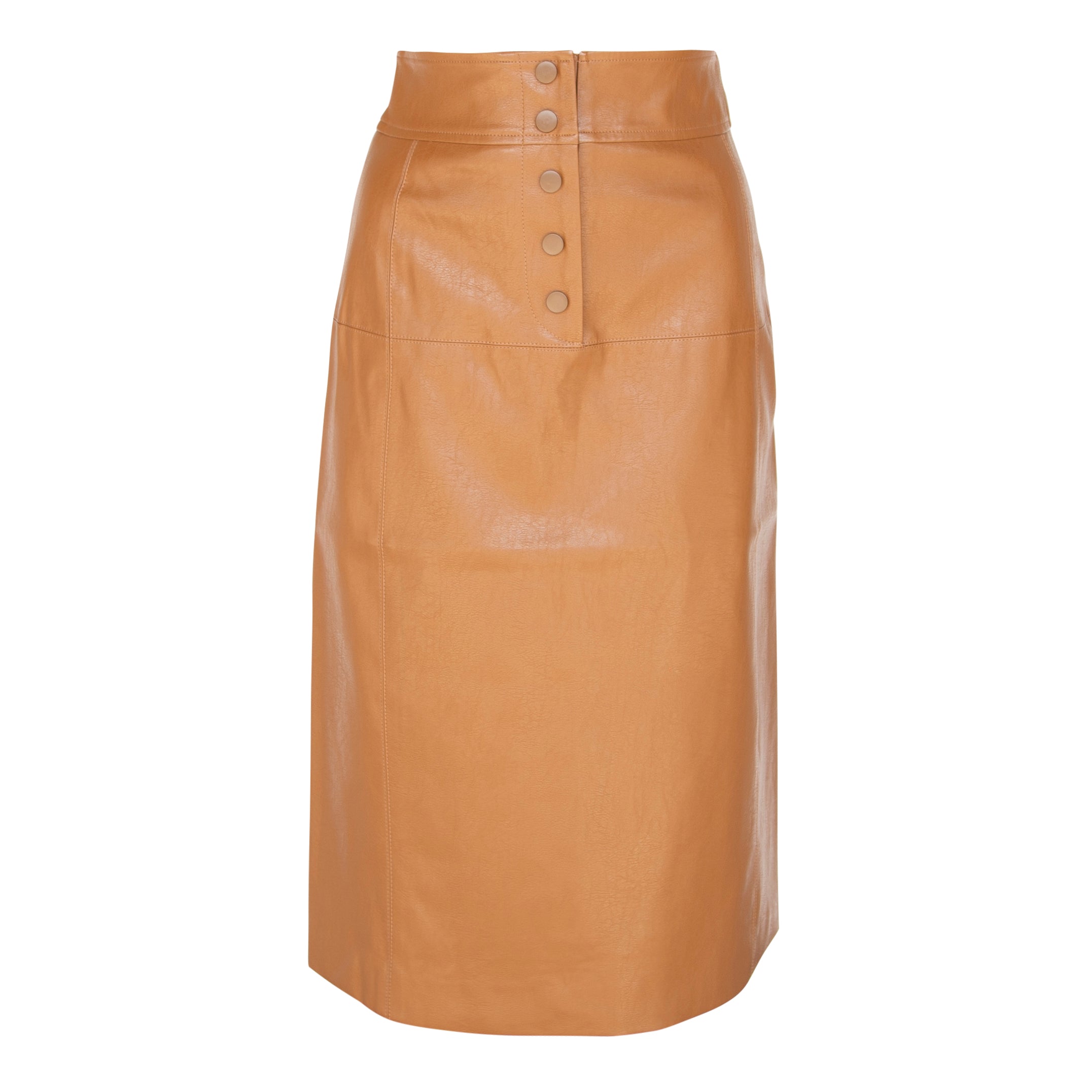 Glossy brown vegan leather pencil skirt with front button detail, knee-length design, and stylish silhouette.