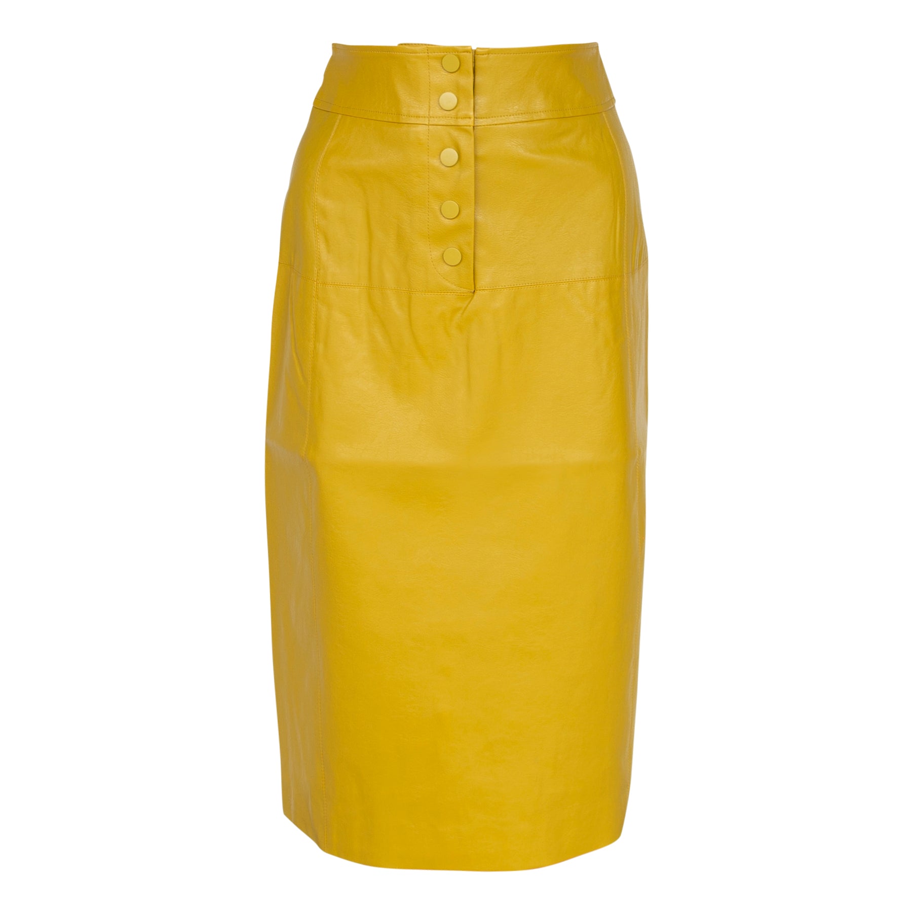 Glossy Vegan Leather Pencil Skirt in mustard color, featuring a stylish front-panel detail and front button fastening.