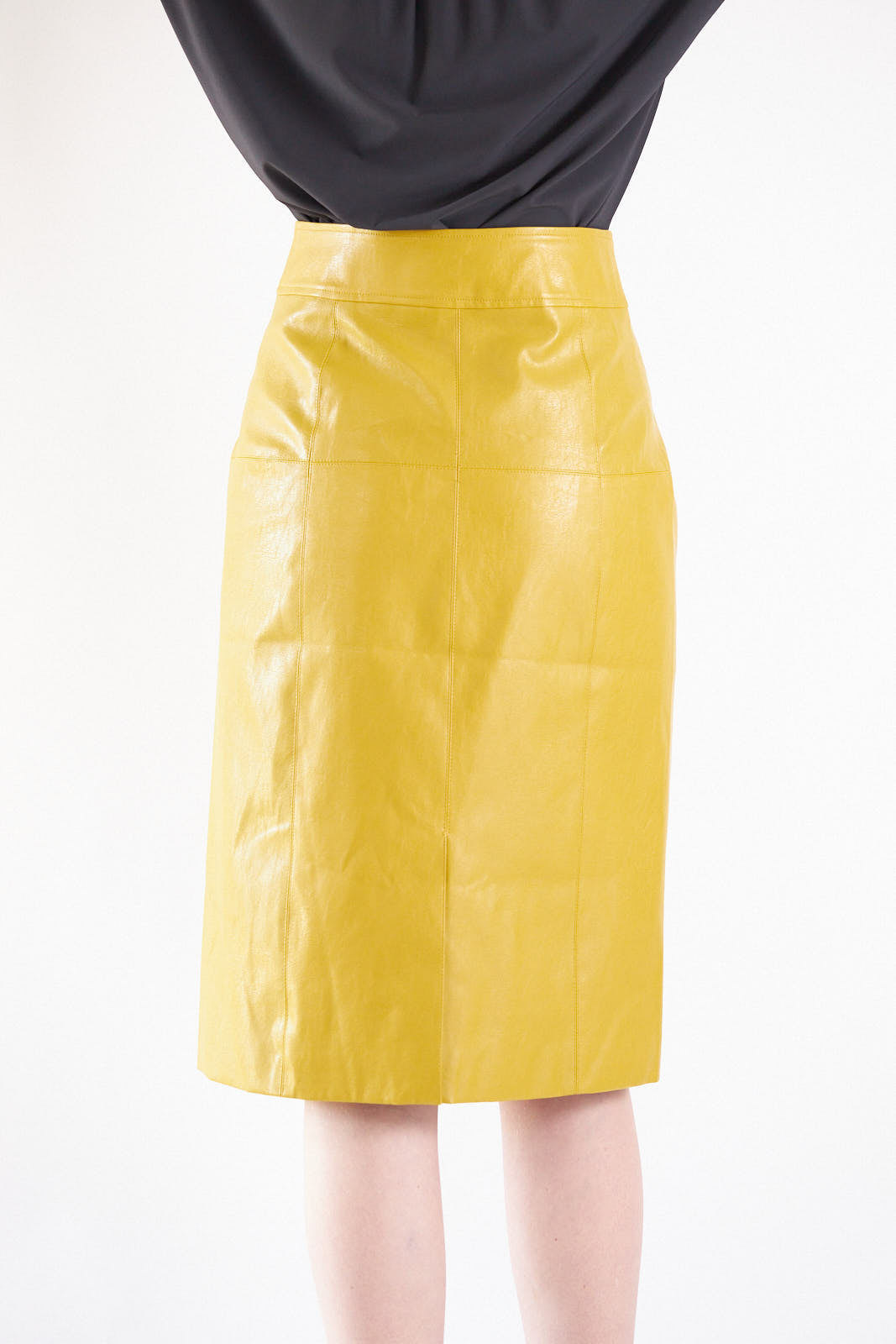 Glossy Vegan Leather Pencil Skirt in mustard color, featuring a stylish front-panel detail and front button fastening.