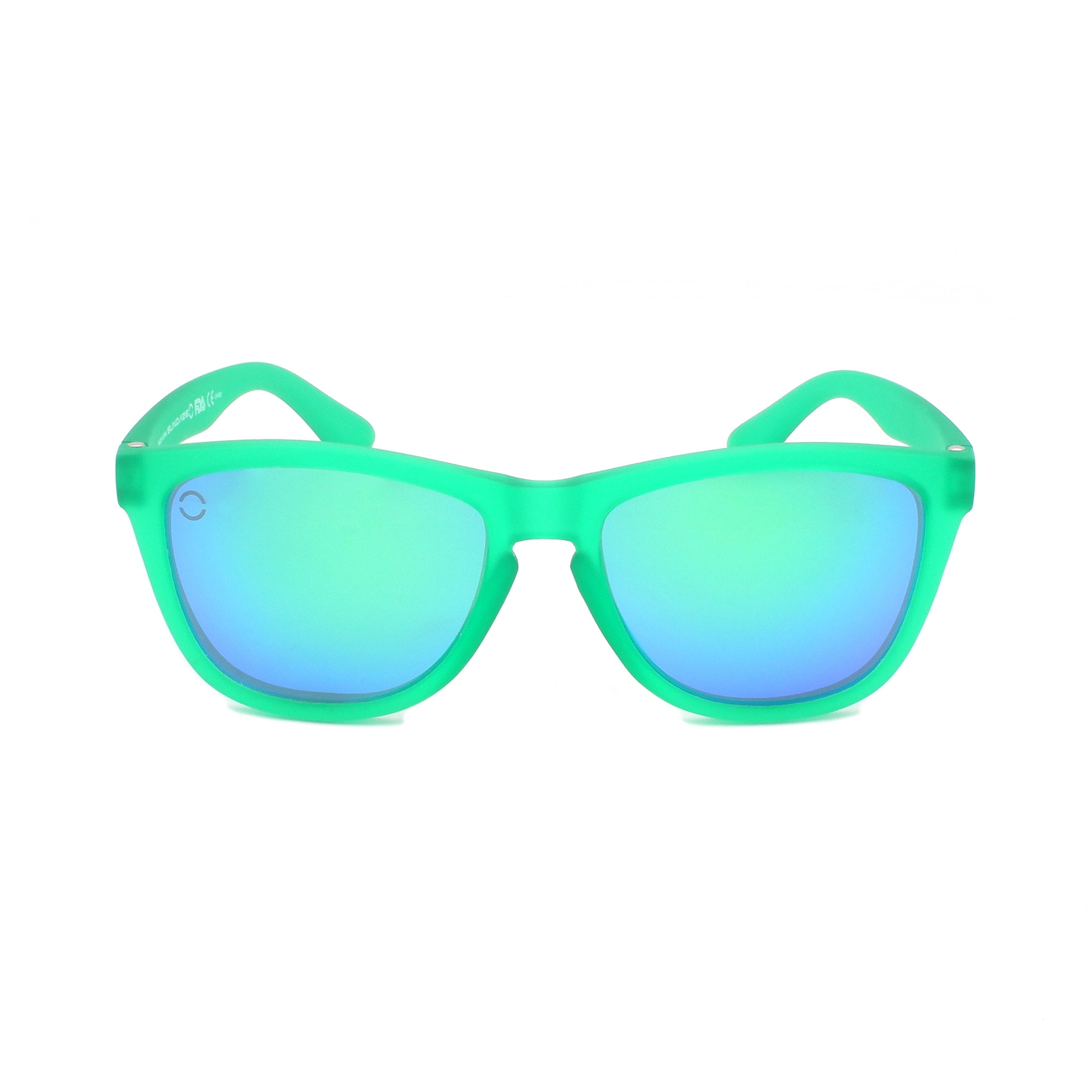 GNTEEZ sunglasses featuring polarized blue revo lenses and a rubber green BPA-free plastic frame, designed for comfort and style.