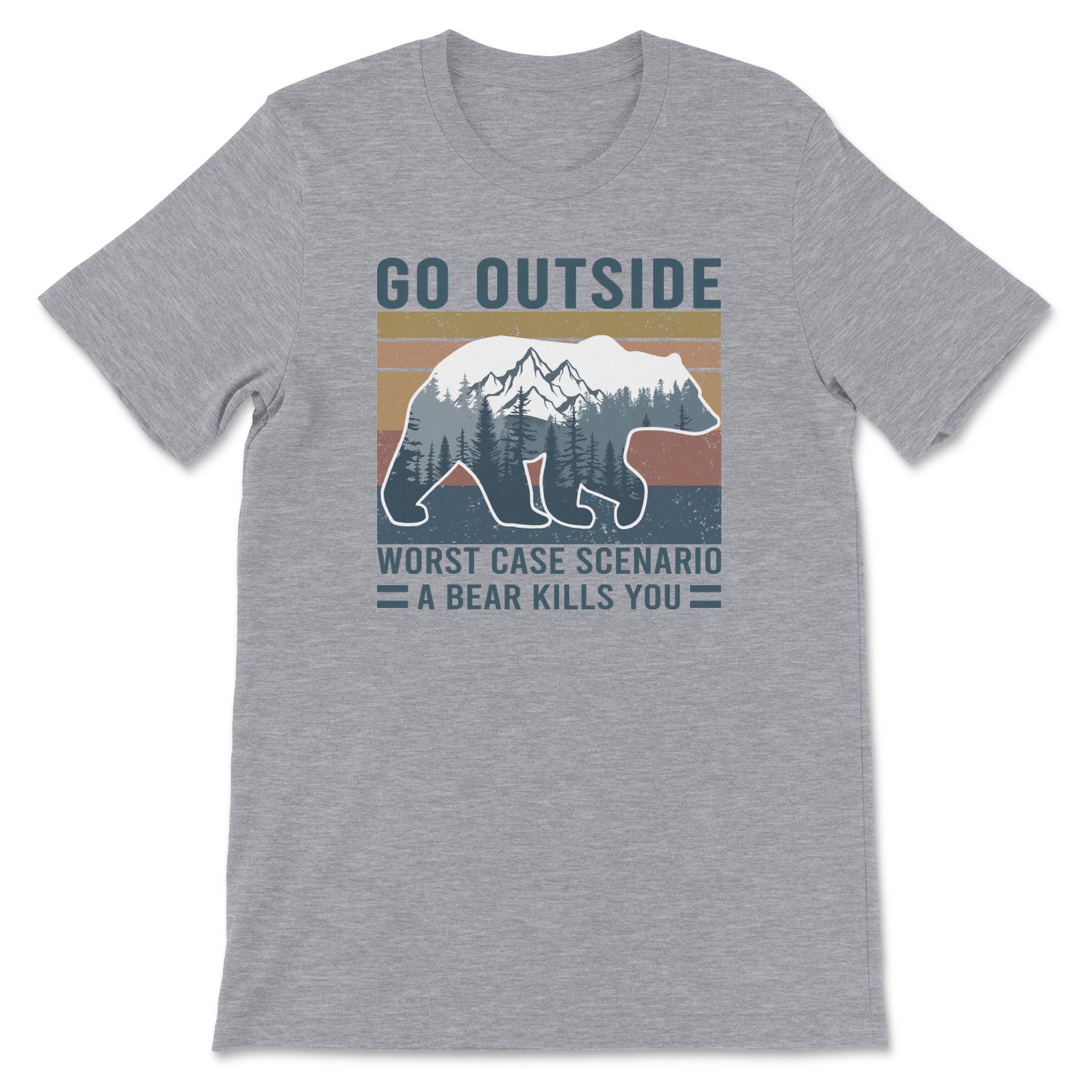 A humorous t-shirt featuring a bear graphic with the text 'Worse Case Scenario A Bear Kills You', designed for outdoor enthusiasts.