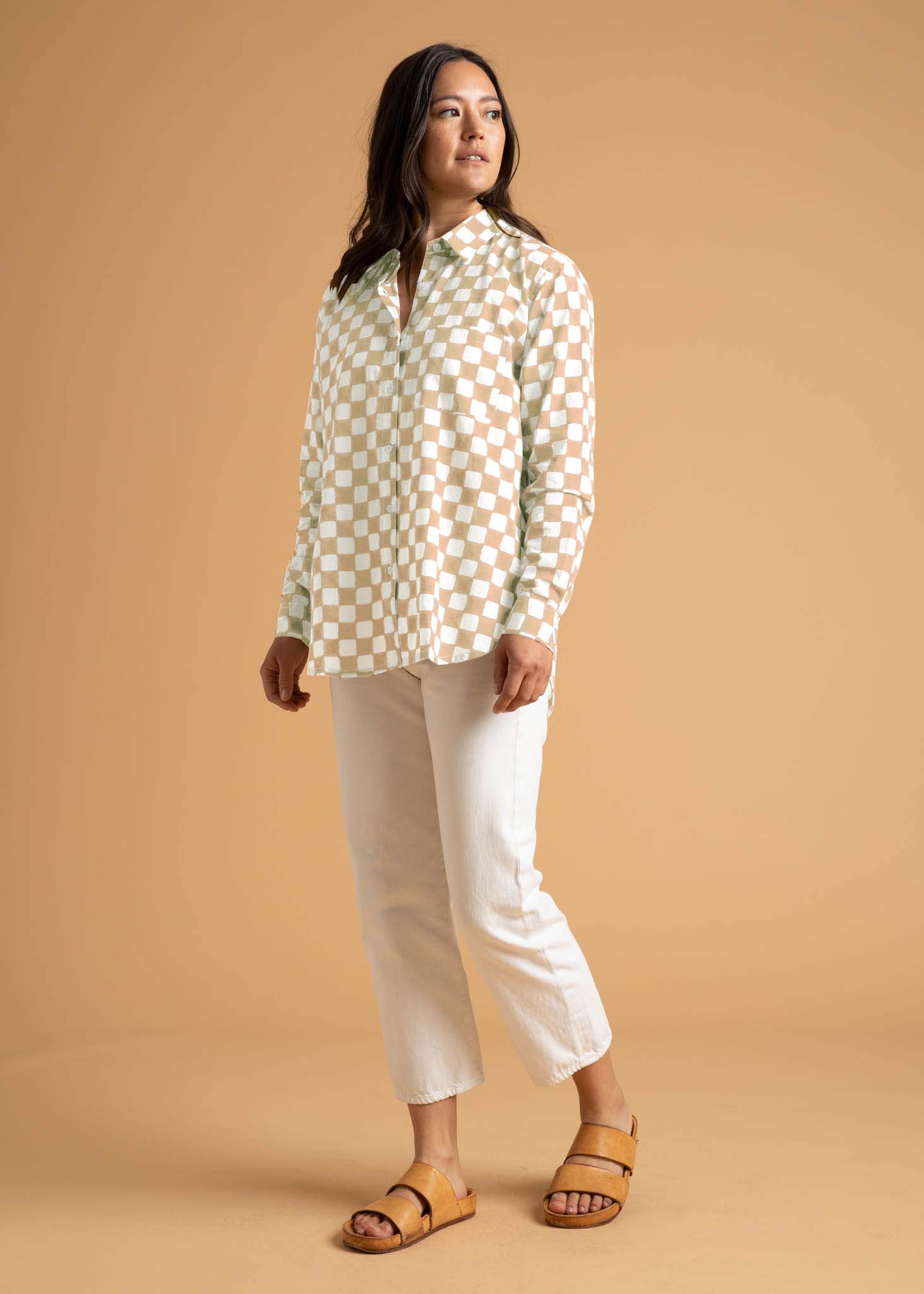 Good Boyfriend Shirt in Checkerboard Natural, featuring a relaxed fit, organic cotton fabric, and unique block printed design.