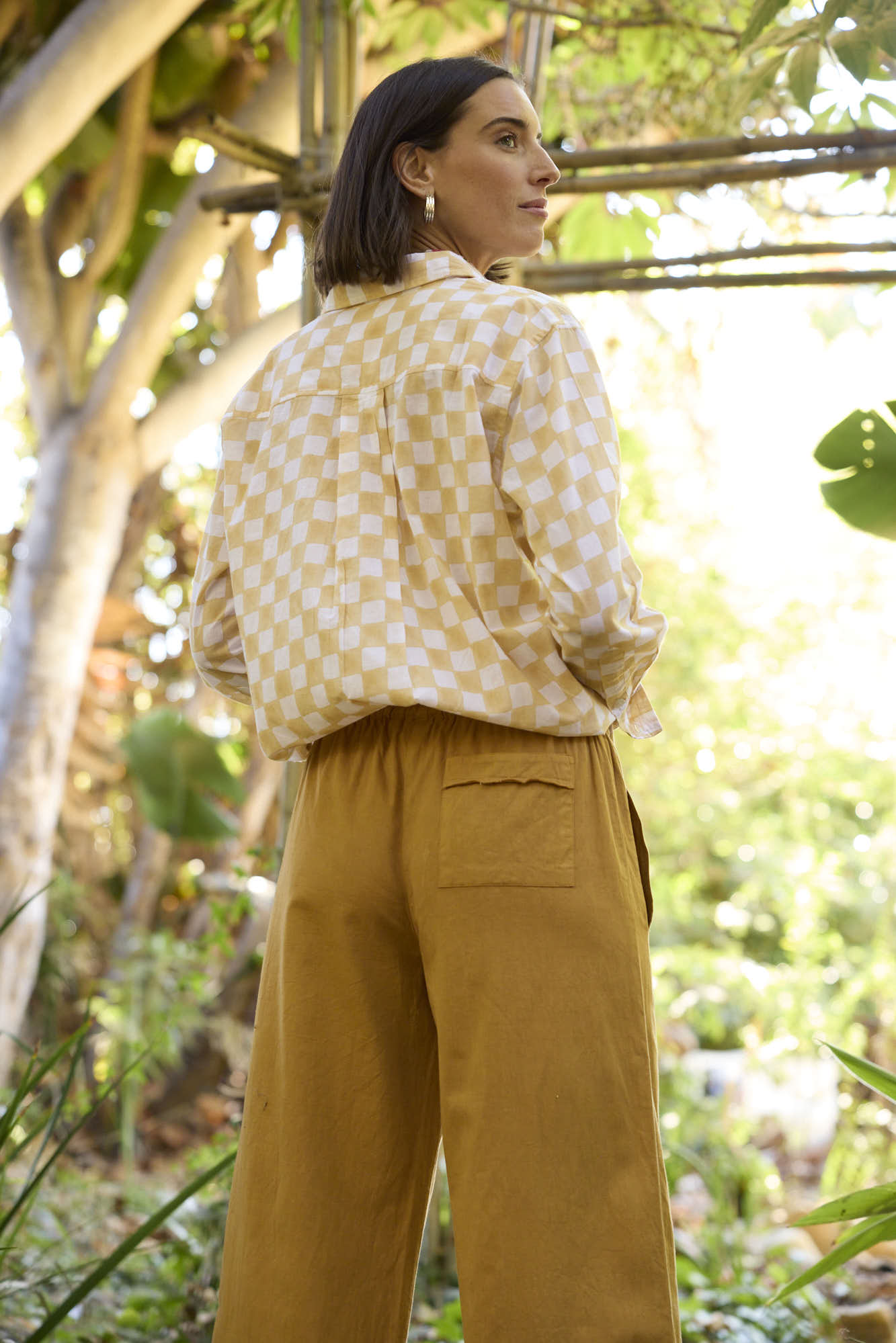 Good Boyfriend Shirt in Checkerboard Natural, featuring a relaxed fit, organic cotton fabric, and unique block printed design.