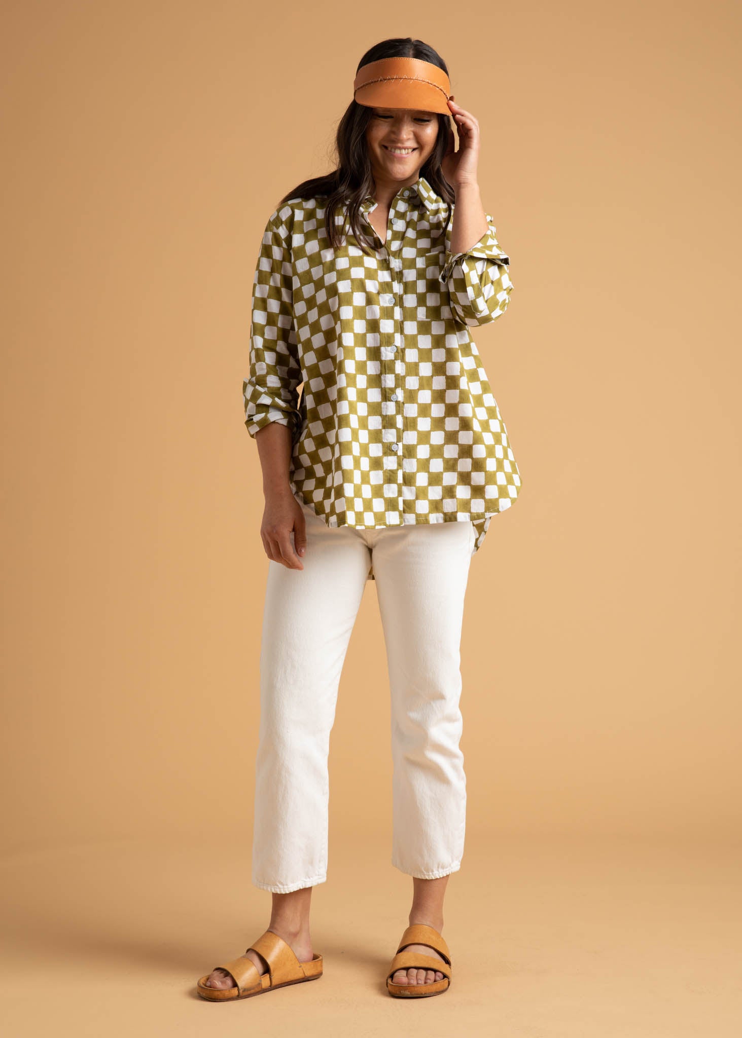 Good Boyfriend Shirt in Checkerboard Olive Oil, featuring a relaxed fit, unique block print, and made from organic cotton.