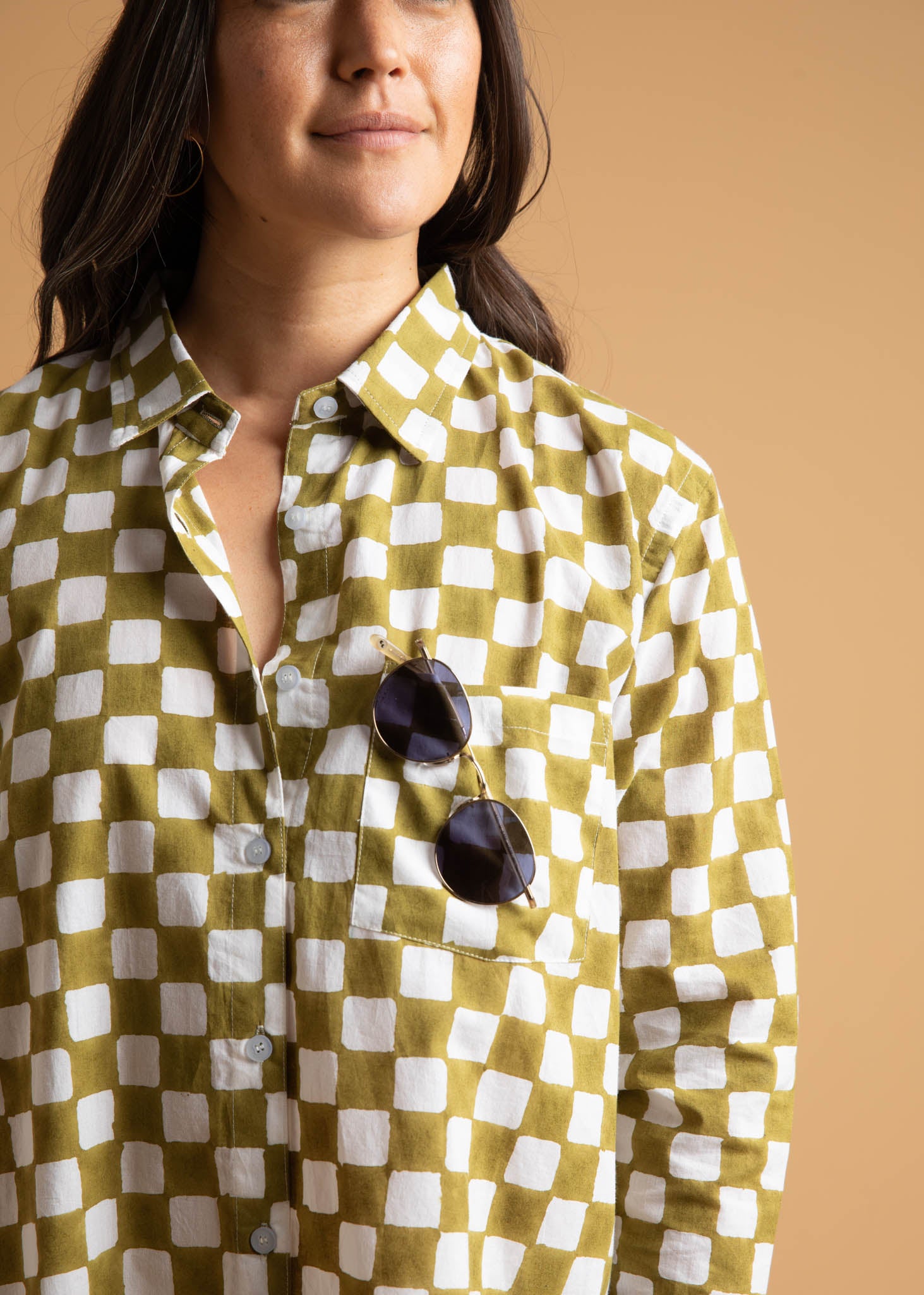 Good Boyfriend Shirt in Checkerboard Olive Oil, featuring a relaxed fit, unique block print, and made from organic cotton.