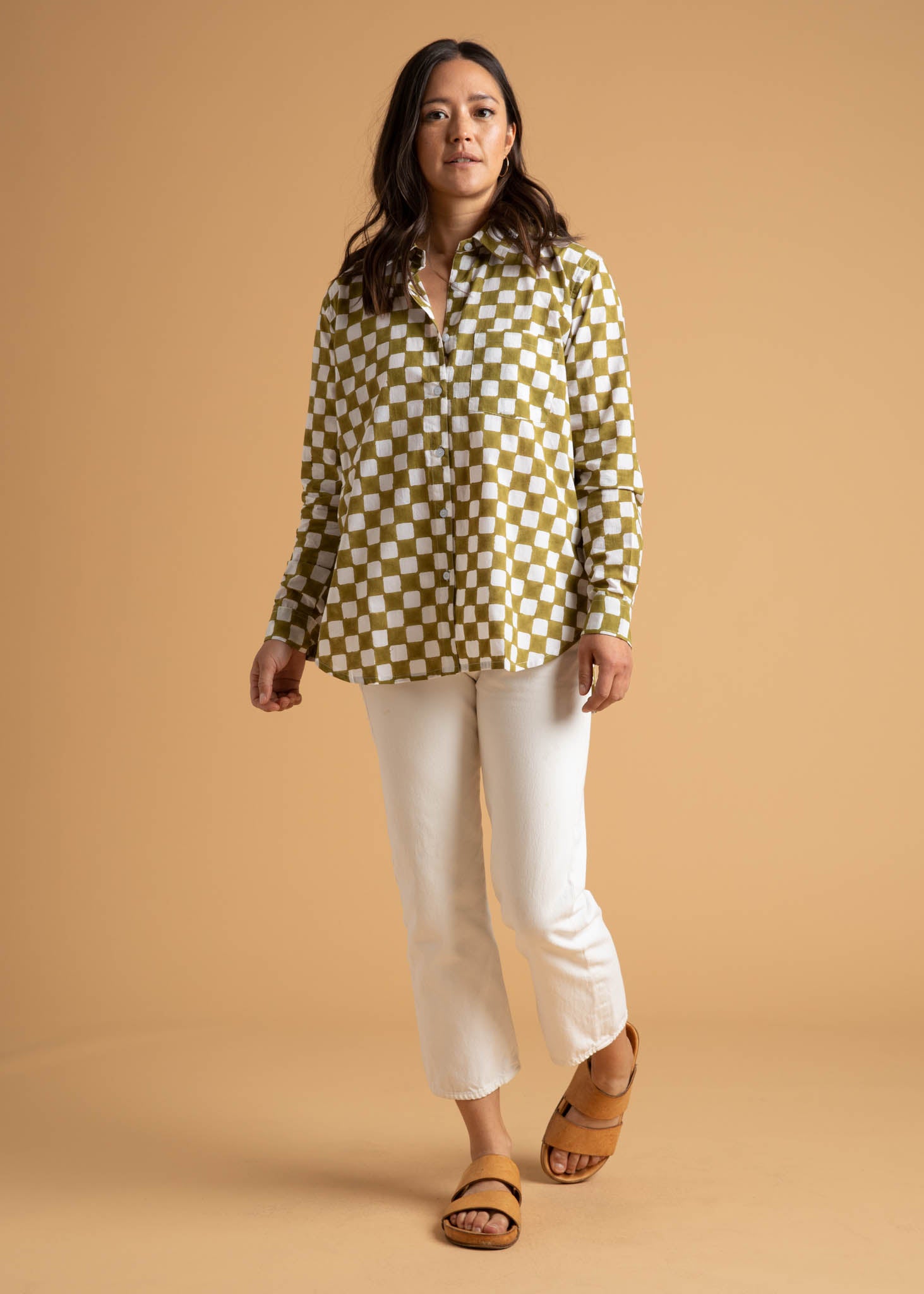 Good Boyfriend Shirt in Checkerboard Olive Oil, featuring a relaxed fit, unique block print, and made from organic cotton.