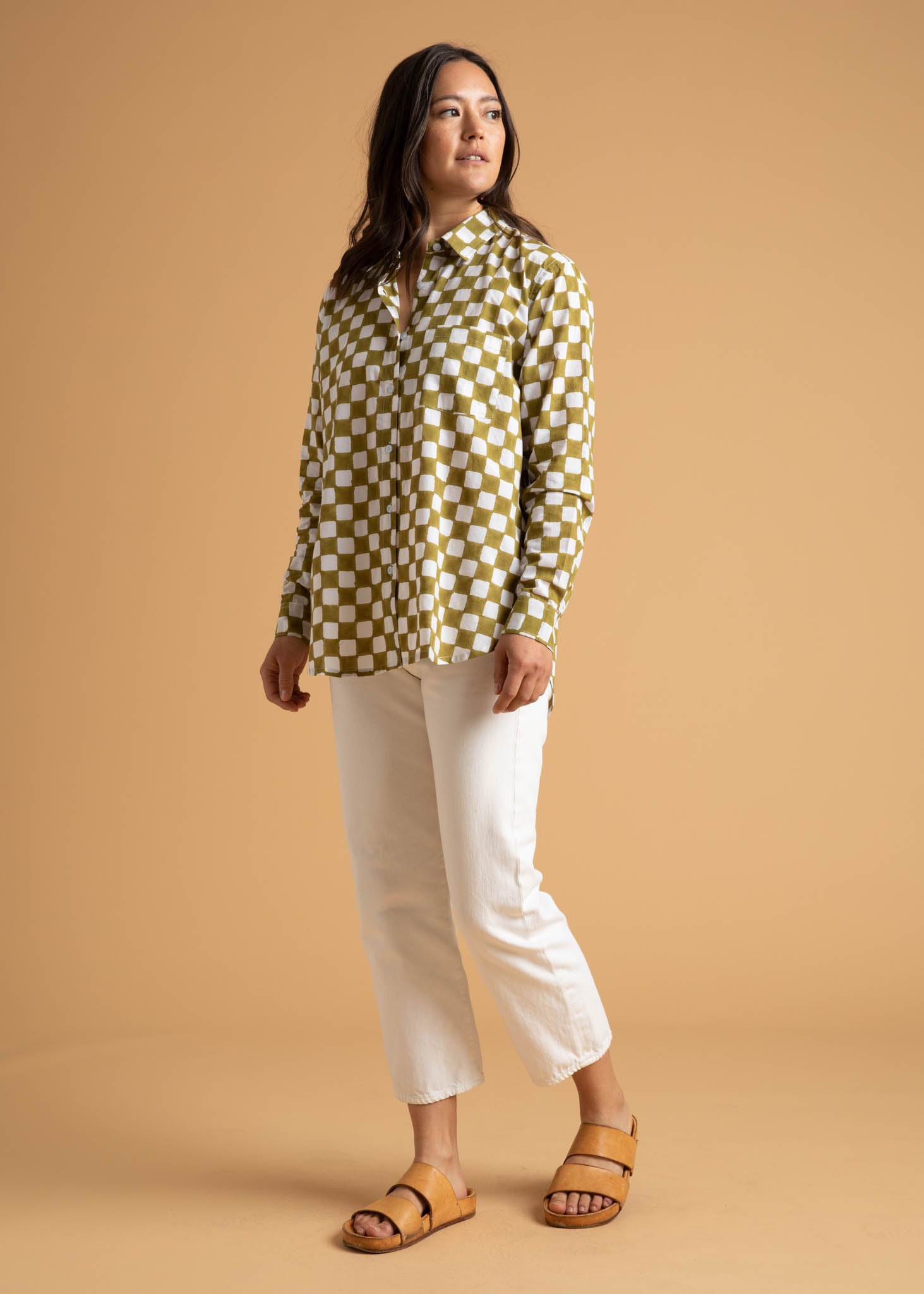 Good Boyfriend Shirt in Checkerboard Olive Oil, featuring a relaxed fit, unique block print, and made from organic cotton.