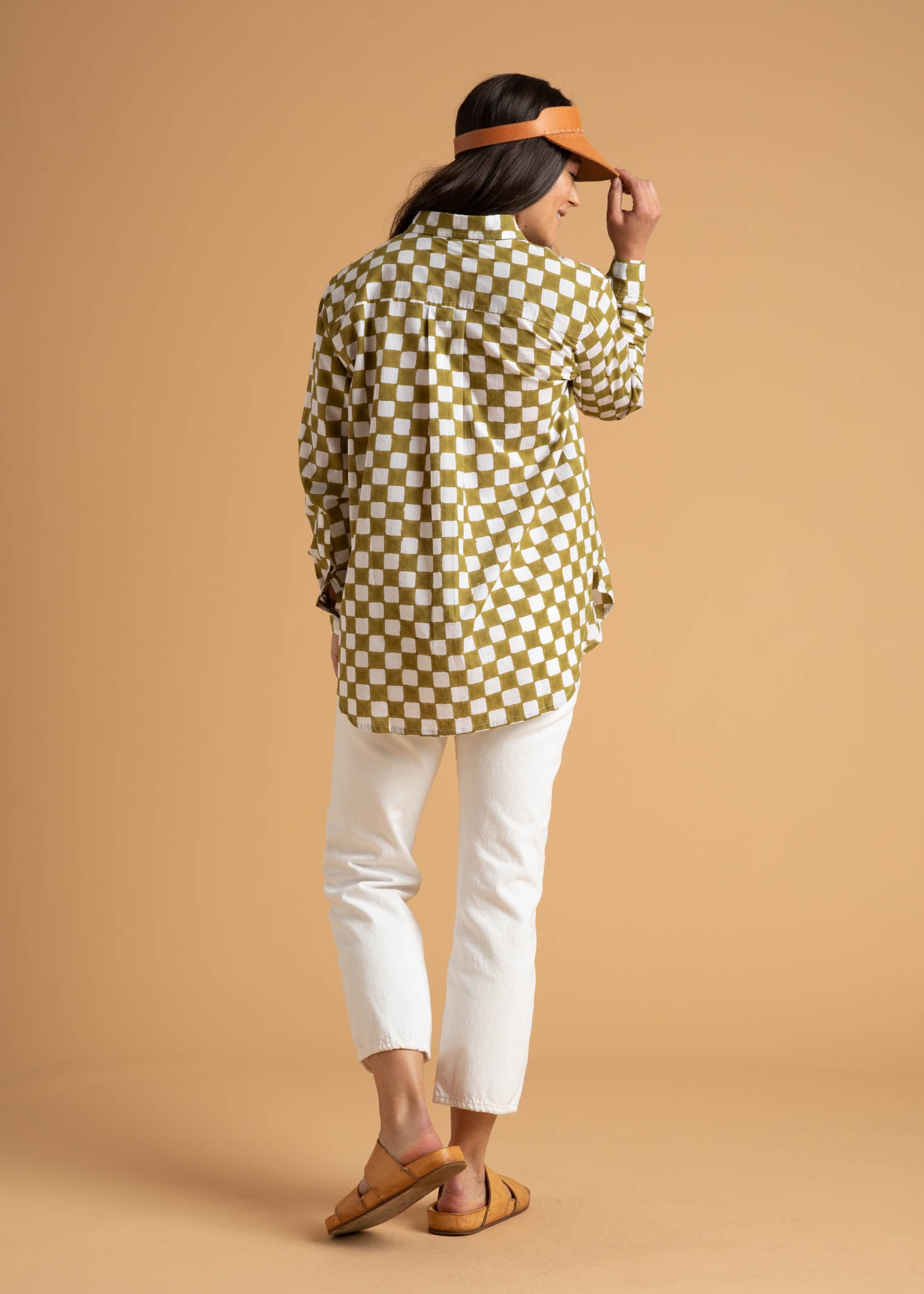 Good Boyfriend Shirt in Checkerboard Olive Oil, featuring a relaxed fit, unique block print, and made from organic cotton.