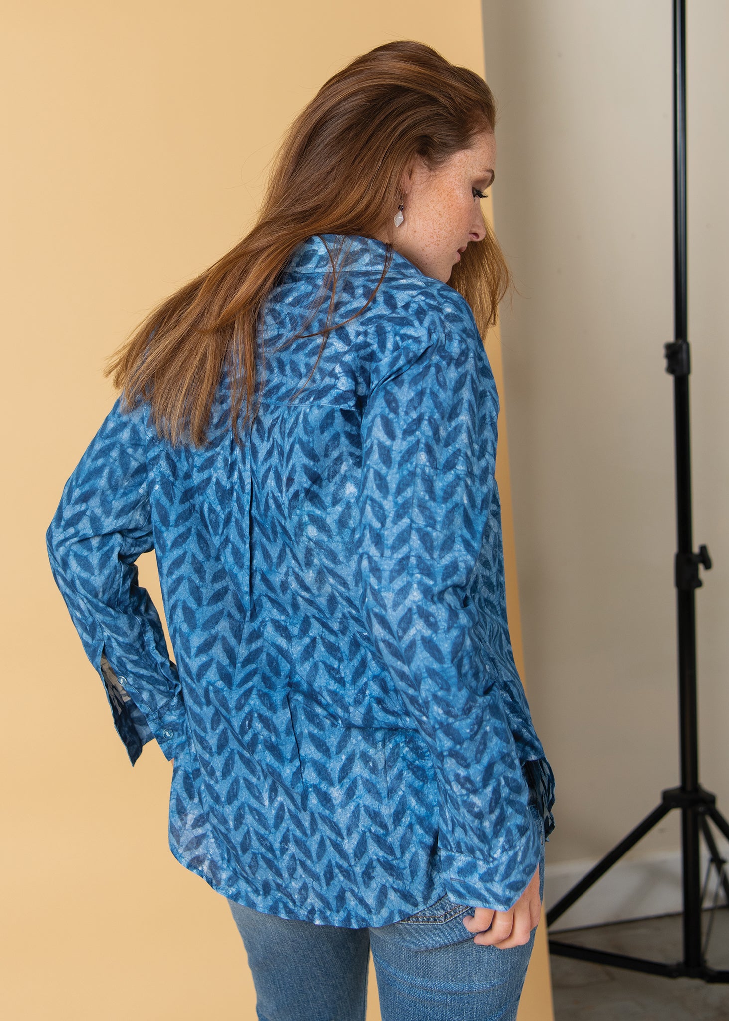 Good Boyfriend Shirt in Indigo Chevron featuring a relaxed fit and unique chevron pattern, made from organic cotton.