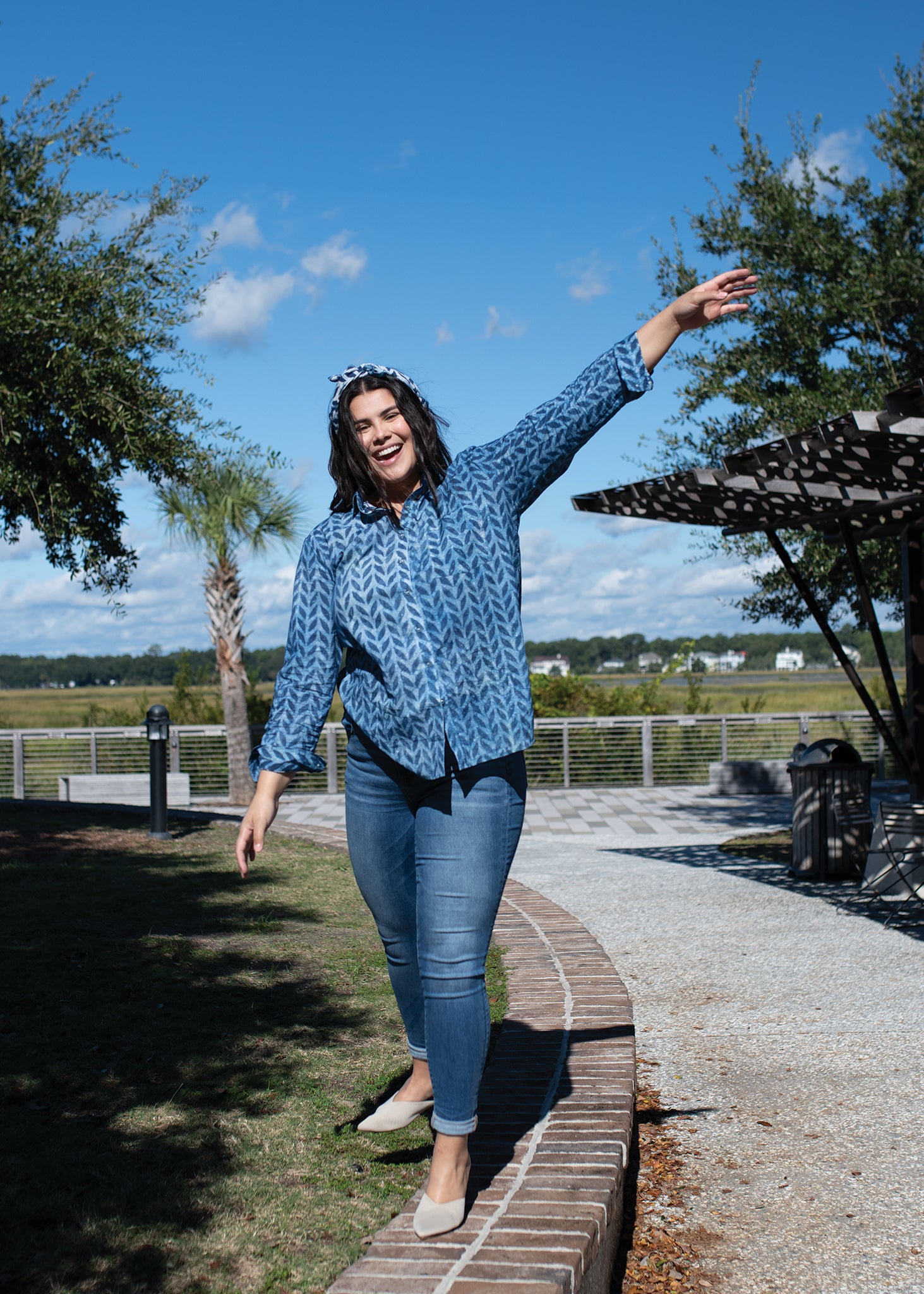 Good Boyfriend Shirt in Indigo Chevron featuring a relaxed fit and unique chevron pattern, made from organic cotton.