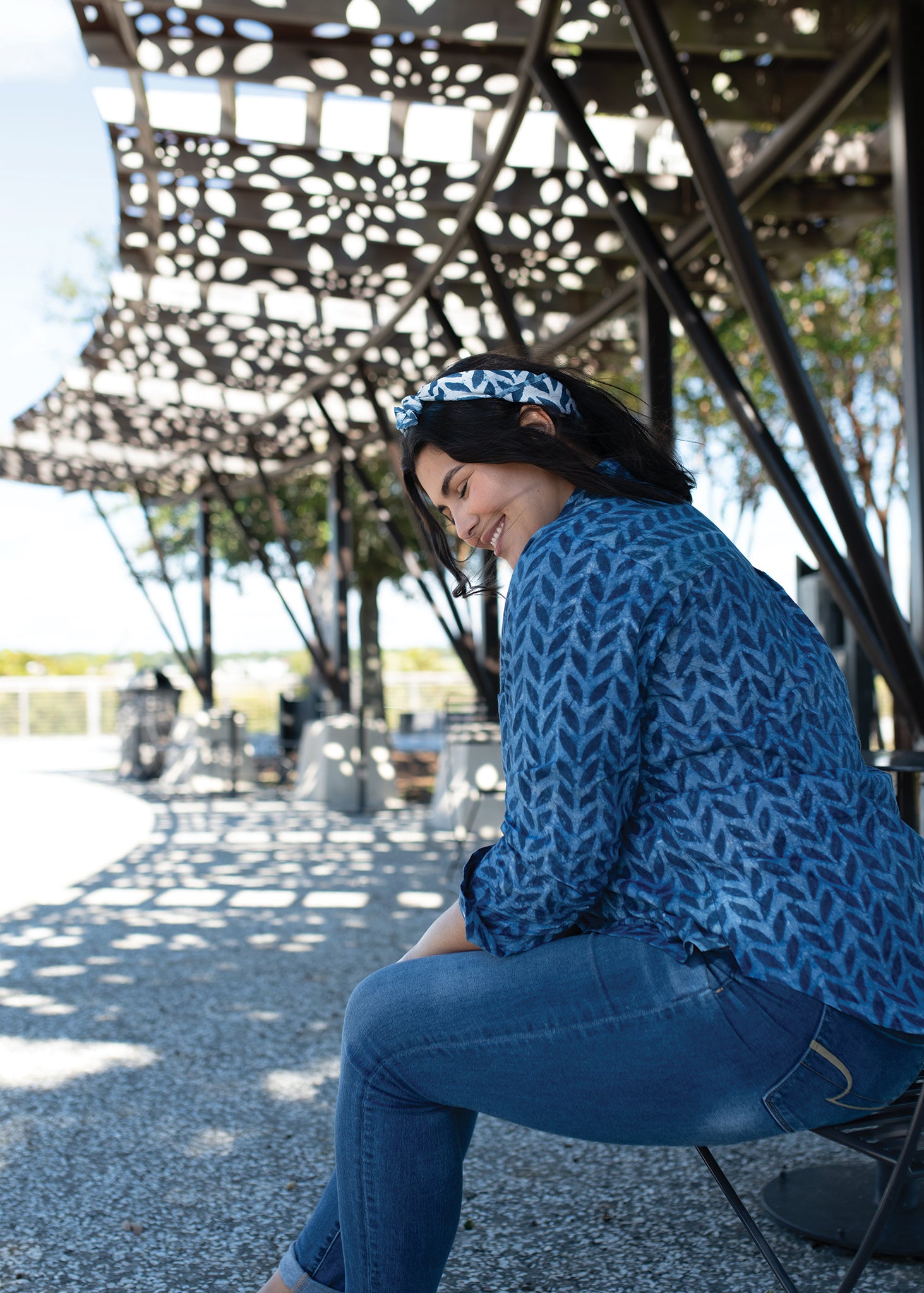 Good Boyfriend Shirt in Indigo Chevron featuring a relaxed fit and unique chevron pattern, made from organic cotton.