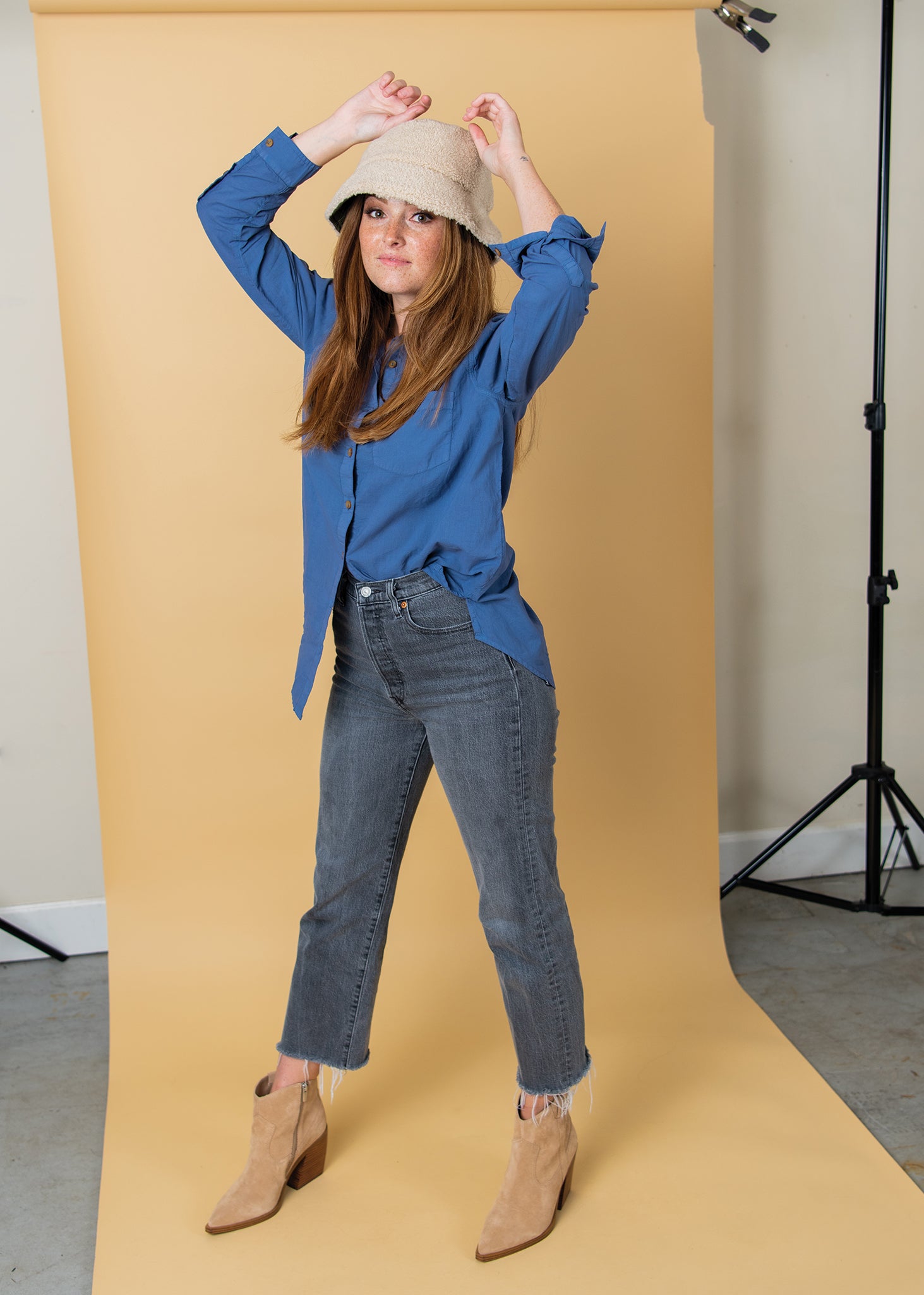 Good Boyfriend Shirt in Inky Blue, featuring a relaxed fit, long sleeves, and a left chest pocket, made from eco-friendly cotton.