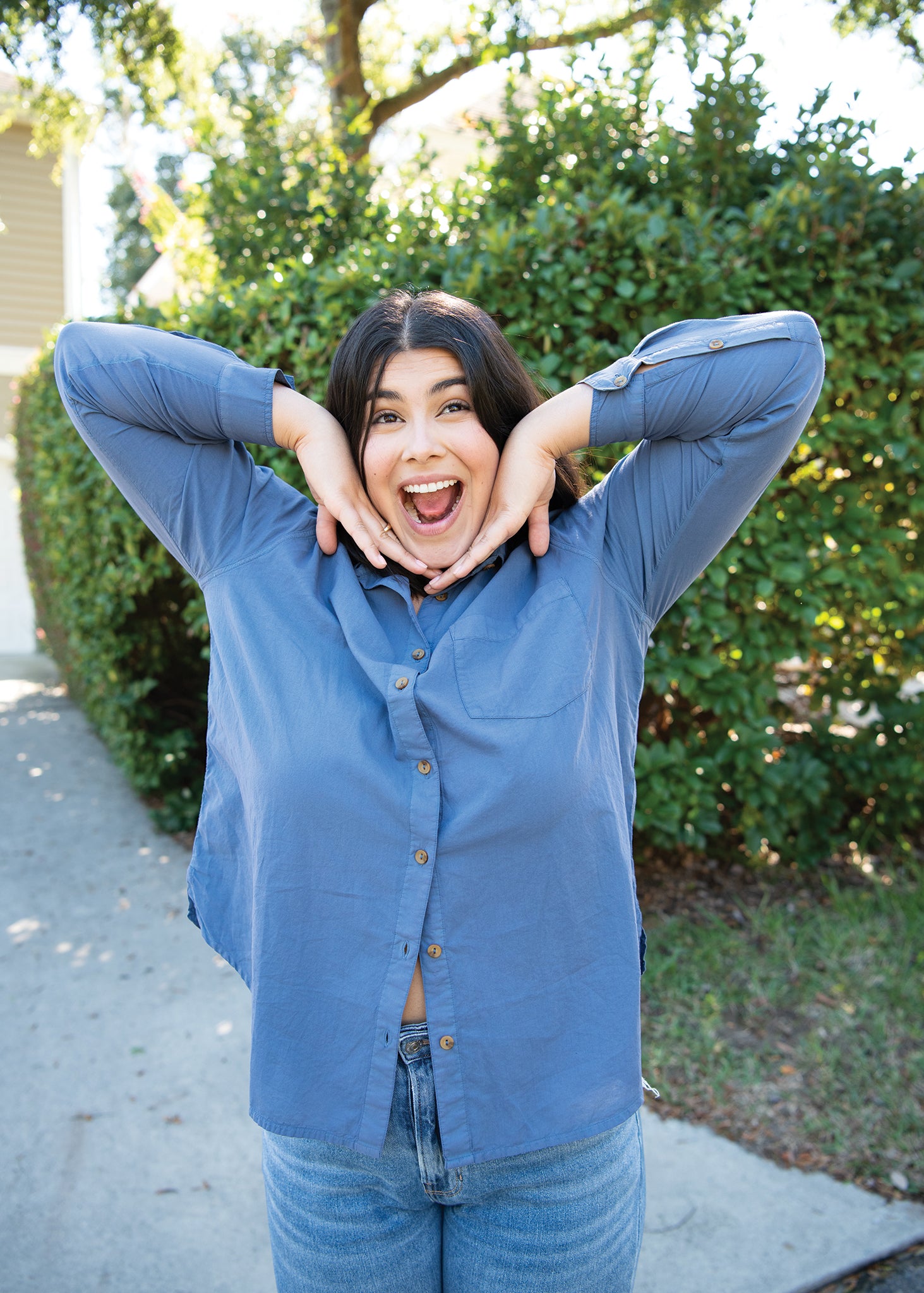 Good Boyfriend Shirt in Inky Blue, featuring a relaxed fit, long sleeves, and a left chest pocket, made from eco-friendly cotton.