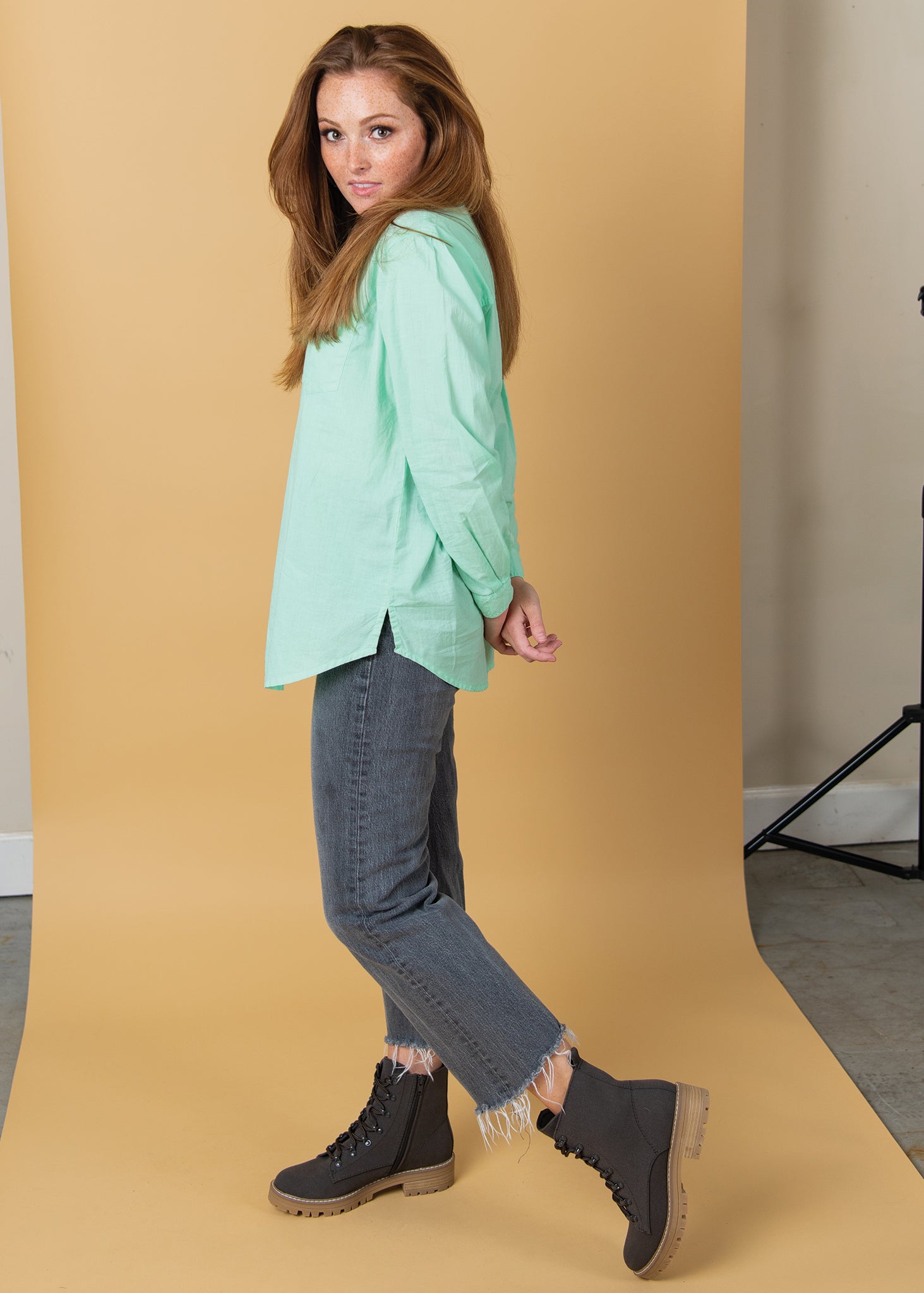 Good Boyfriend Shirt in Seaglass, featuring a relaxed fit, long sleeves, and a button-down design, made from eco-friendly cotton.