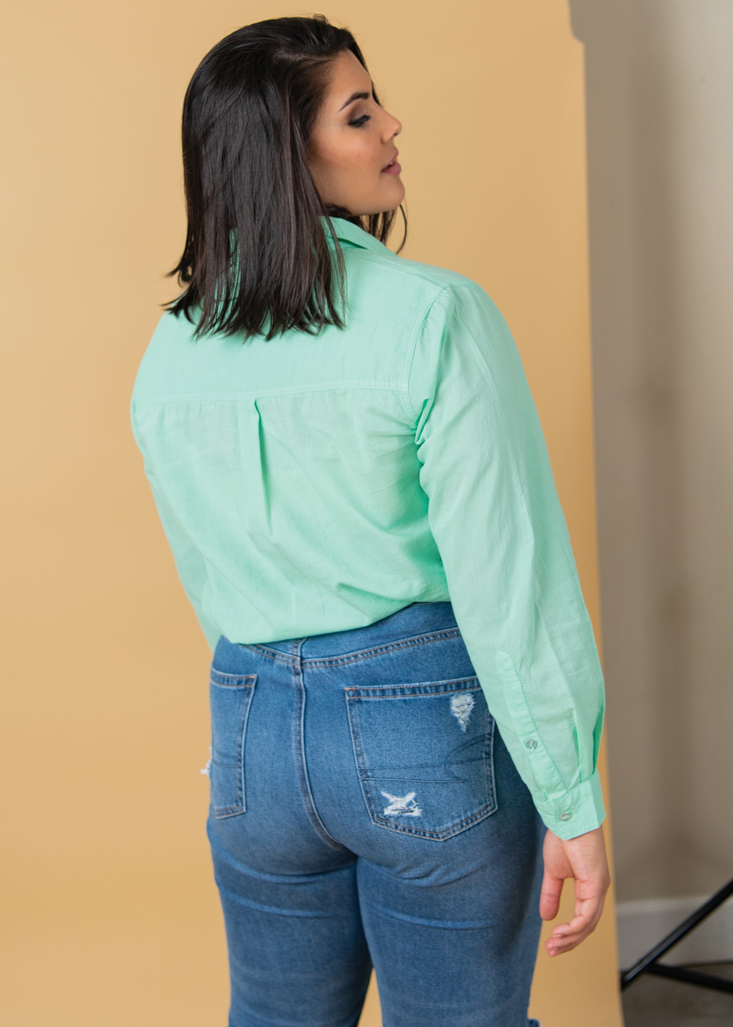 Good Boyfriend Shirt in Seaglass, featuring a relaxed fit, long sleeves, and a button-down design, made from eco-friendly cotton.