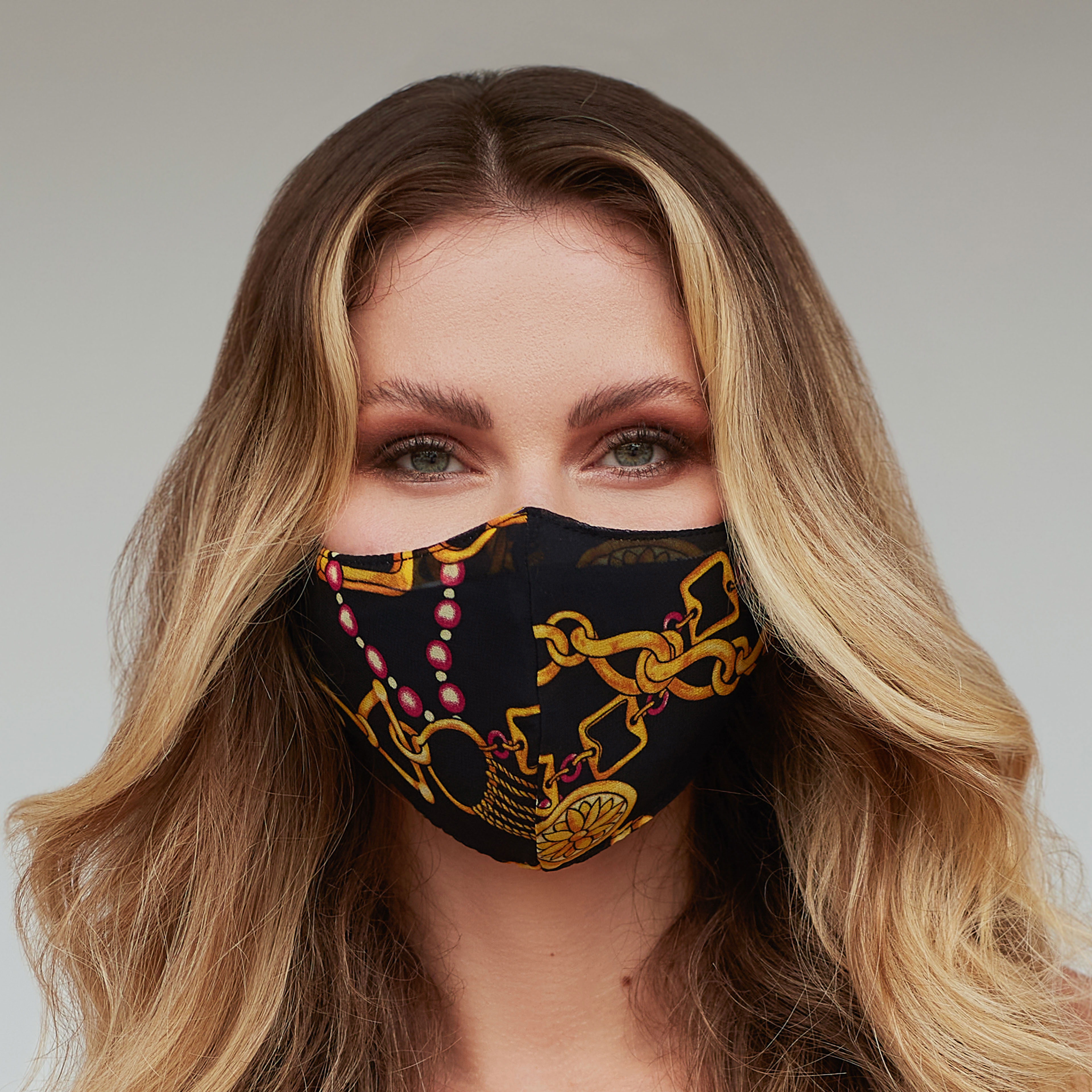 Stylish Gold Chains Face Mask featuring a unique design, perfect for protection and personal expression.