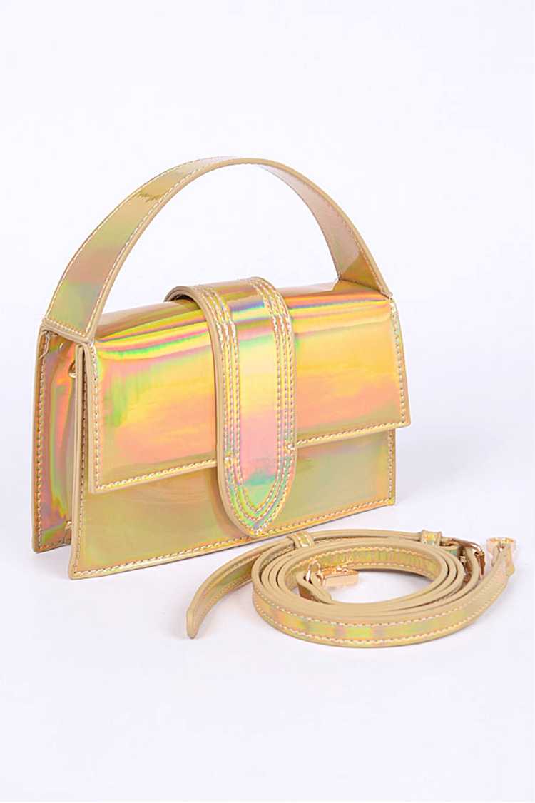 Stylish Gold Lanvy Patent Bag with shoulder strap, showcasing its chic design and compact size.