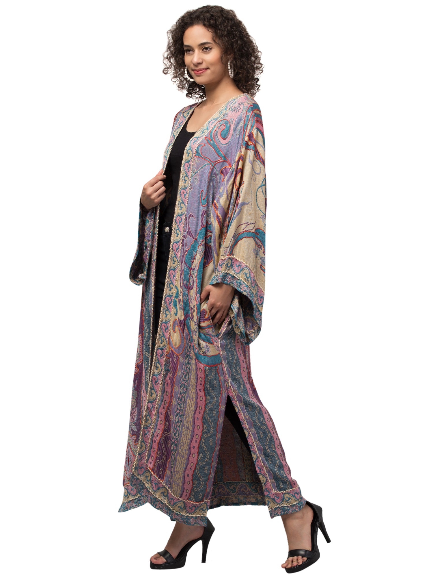 Grace Nova Kimono Jacket featuring artisanal craftsmanship and handwoven embroidery, showcasing vibrant colors and intricate details.