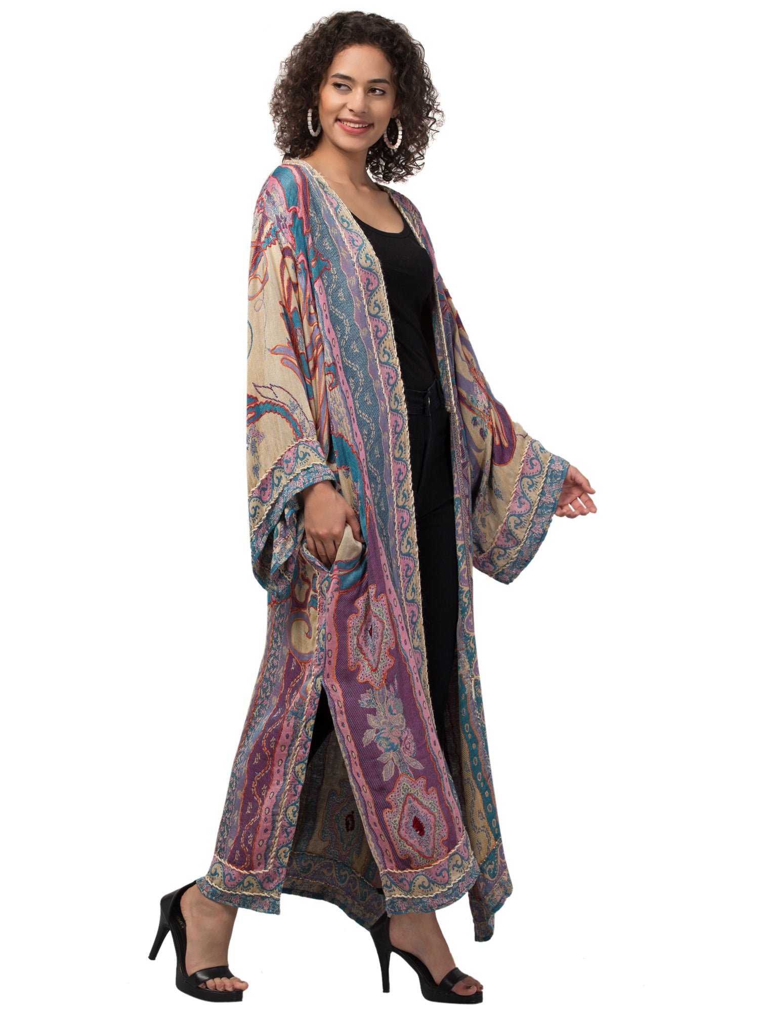 Grace Nova Kimono Jacket featuring artisanal craftsmanship and handwoven embroidery, showcasing vibrant colors and intricate details.