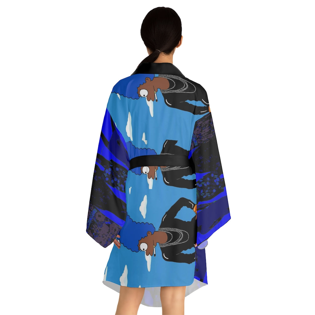 GRAPHIC DEA Long Sleeve Kimono Robe featuring flowing bell sleeves and a stylish mid-length design in soft polyester fabric.