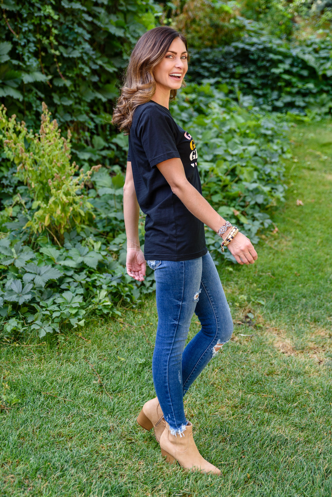 Grateful Heart Graphic T-Shirt in Black featuring a crew neckline and short sleeves, showcasing a cute graphic design.