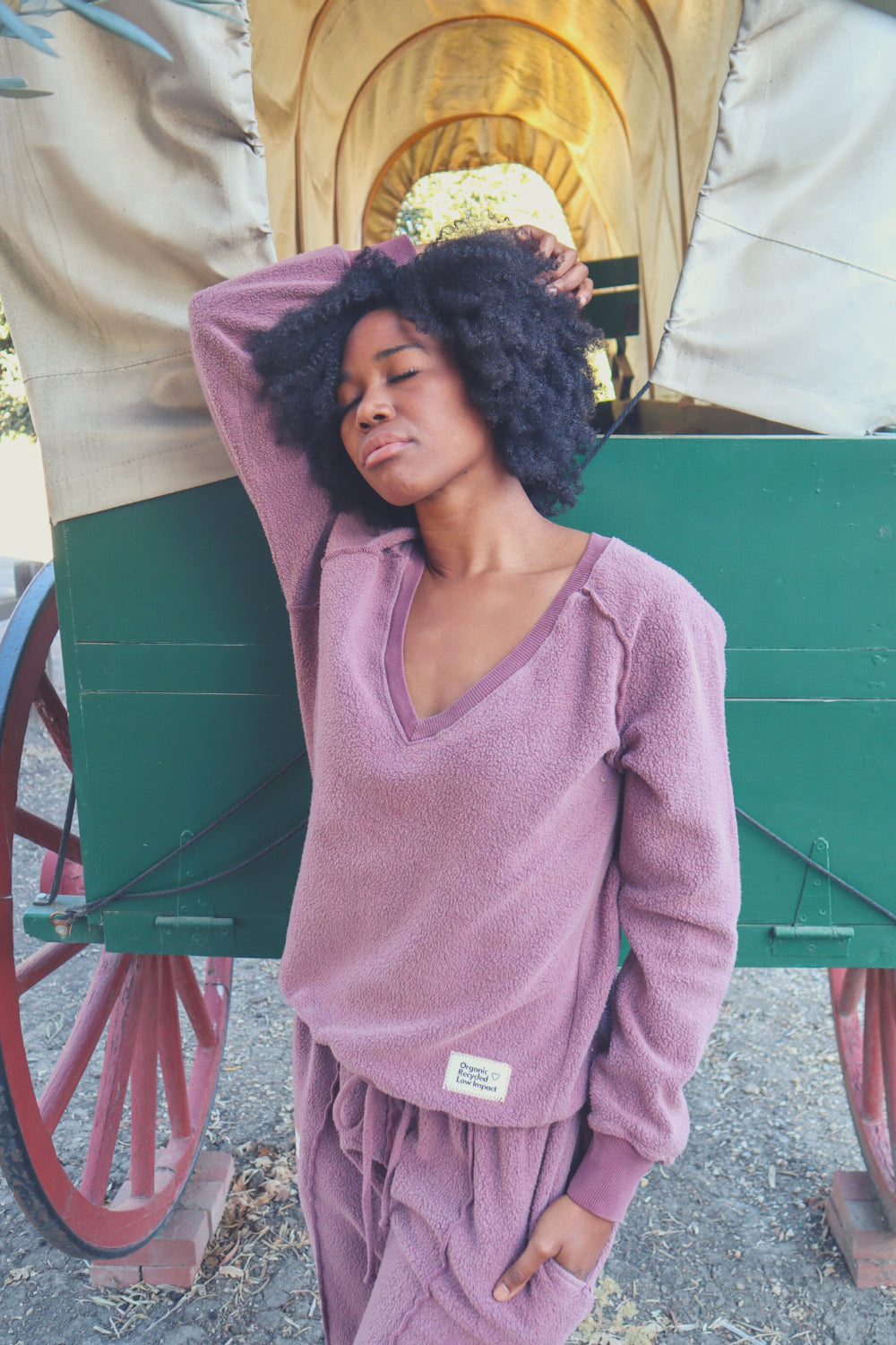 A cozy Gratitude V Pullover in sage green, showcasing its relaxed fit and plush fabric, perfect for casual wear.